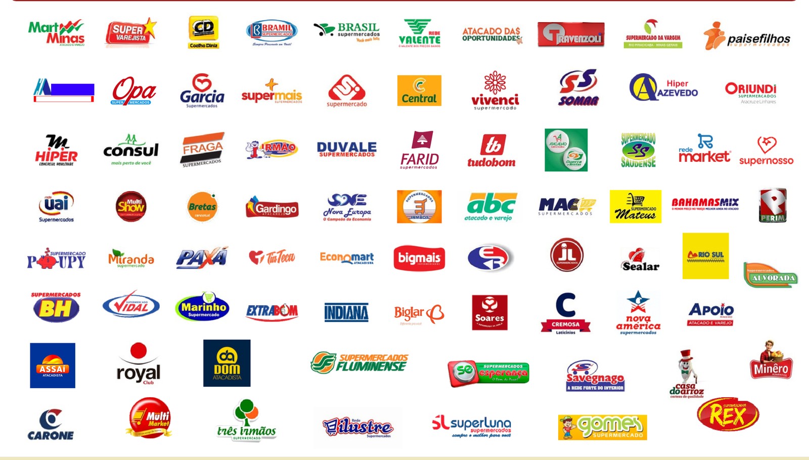 70+ redes nacionais que distribuem Idealpan: Mart Minas, Assaí, BH, Royal, Carone, Mateus, Bahamas, Bramil, Bretas e mais.