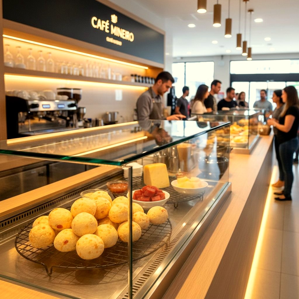 Padaria premium com pão de queijo no balcão